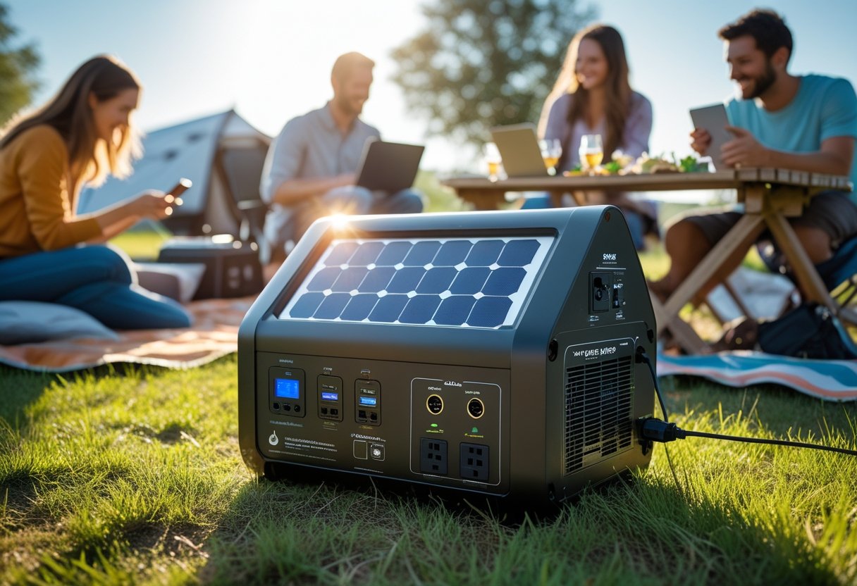 A portable solar generator outdoors powering electronic devices during a sunny day with people enjoying outdoor activities nearby.