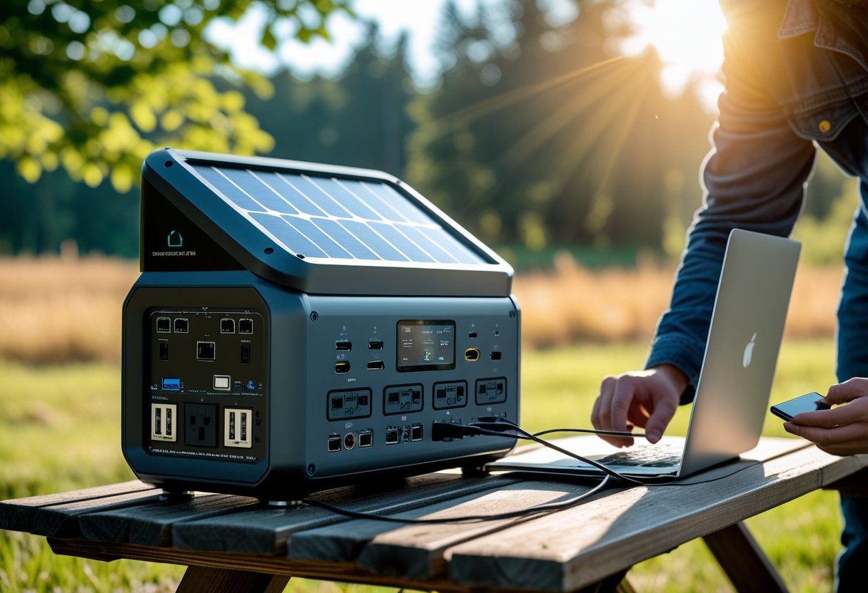 A portable solar generator on a picnic table outdoors with a person connecting a device, surrounded by trees and sunlight.