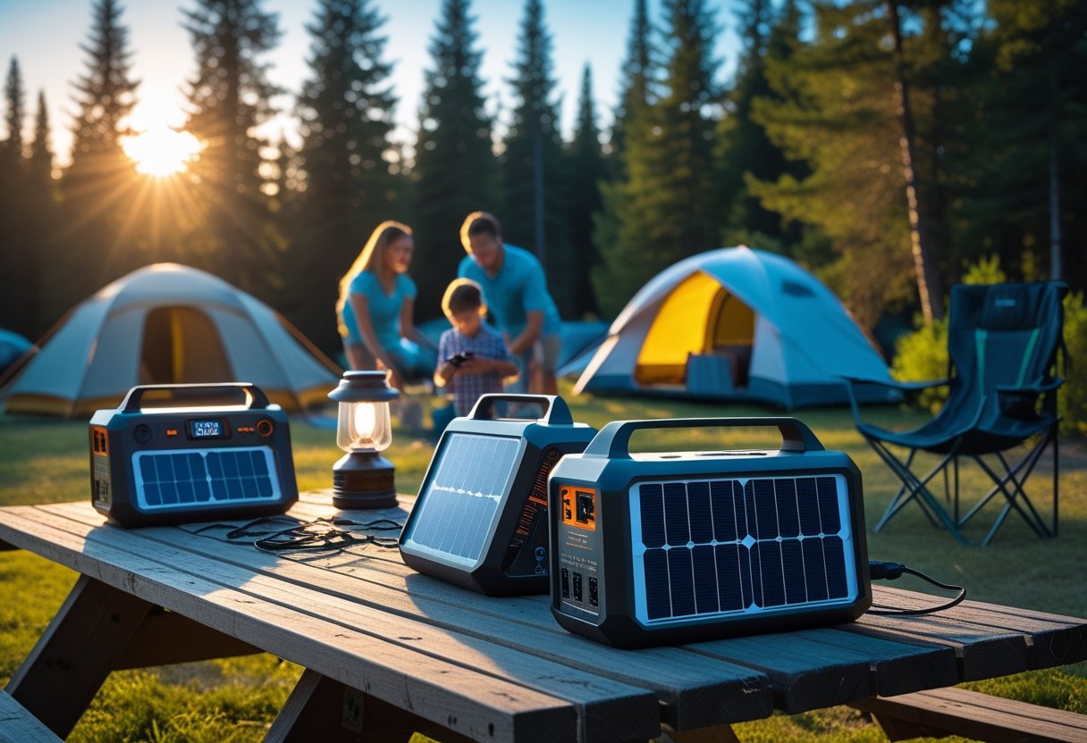 A family camping in a forest clearing with portable solar generators on a picnic table charging devices under sunlight.