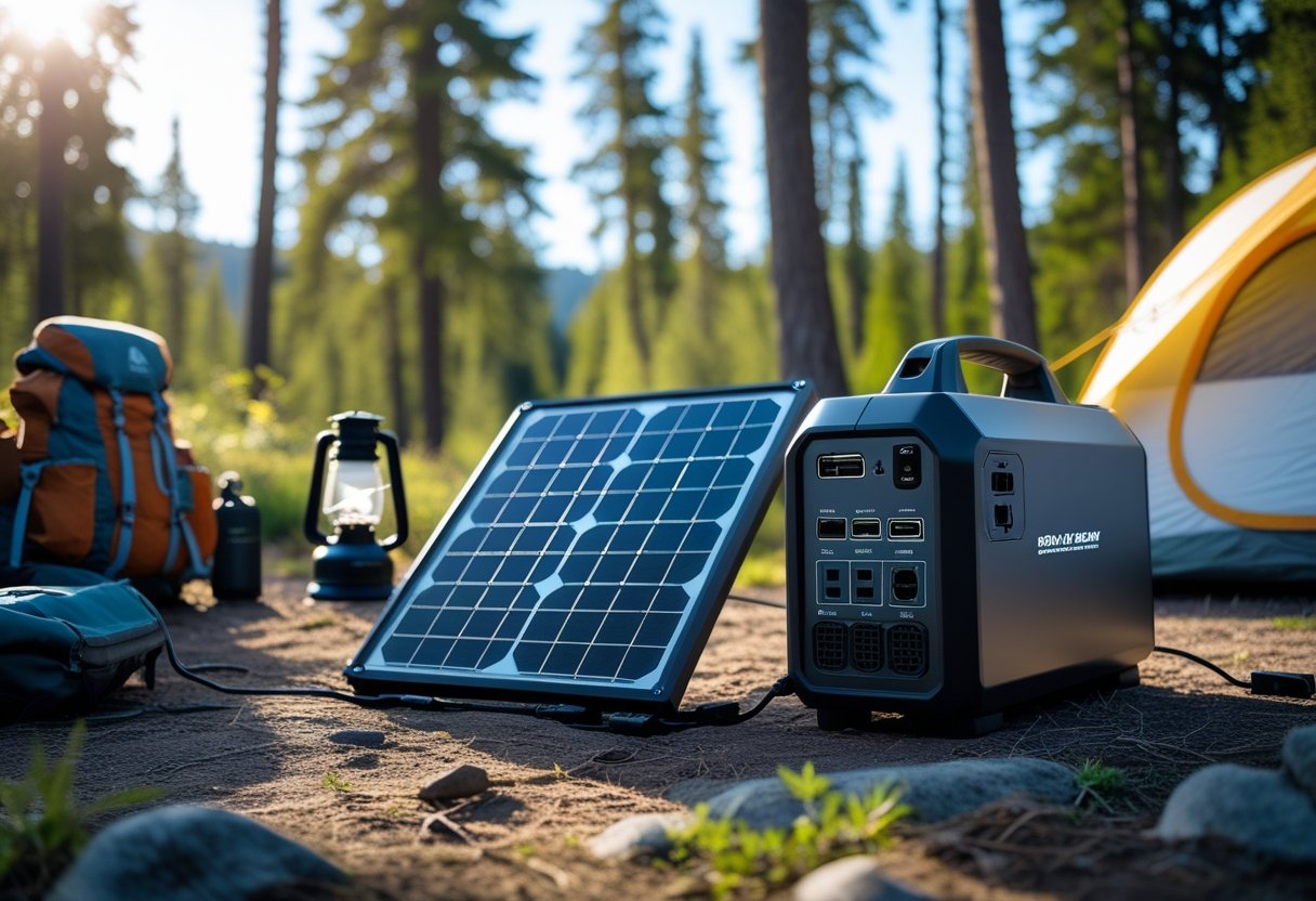 A portable solar generator with solar panels set up near a tent in a forested camping area under a clear sky.