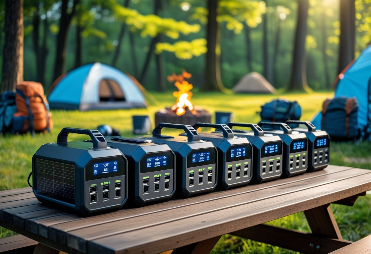 A group of portable solar generators displayed on a picnic table in a forested camping area with tents and camping gear nearby.