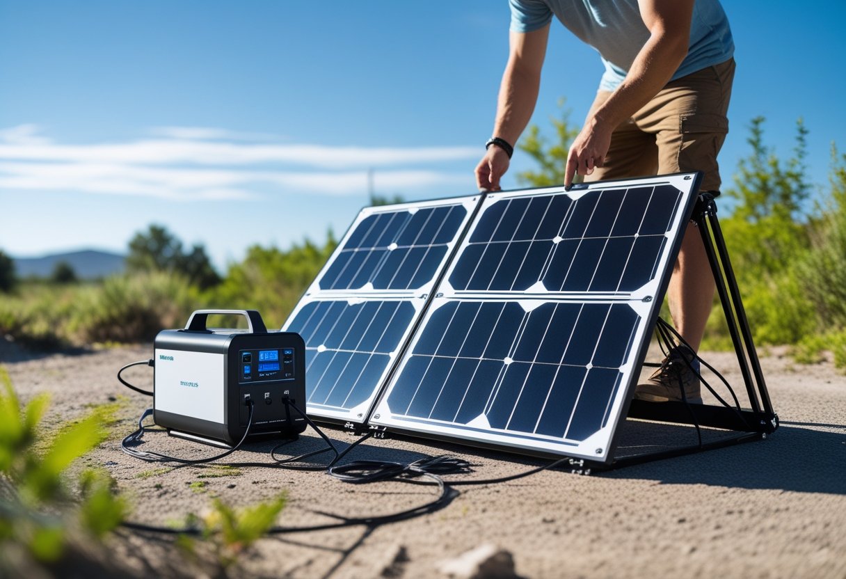 A person outdoors connecting portable solar panels to a solar generator under clear sunny skies.
