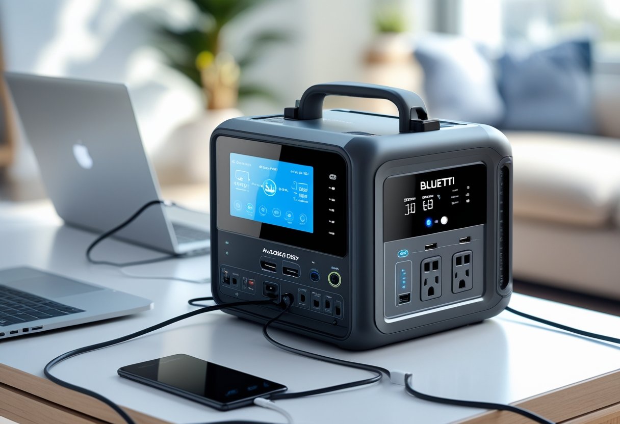 Bluetti AC200P portable power station on a wooden table with electronic devices around it in a bright indoor setting.