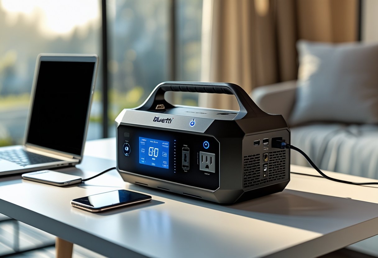 A portable power station with electronic devices connected, placed on a desk or outdoor surface.