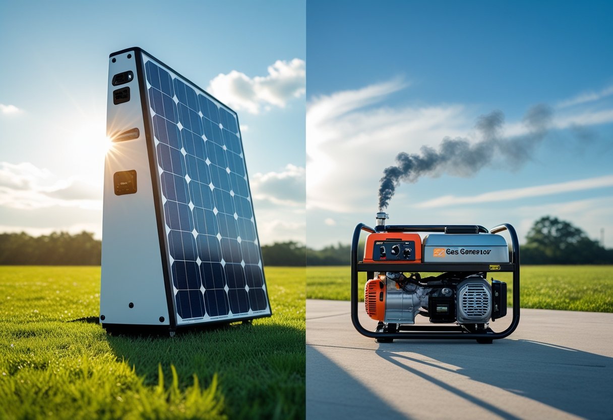 A solar generator with solar panels next to a gas generator outdoors under a clear sky.