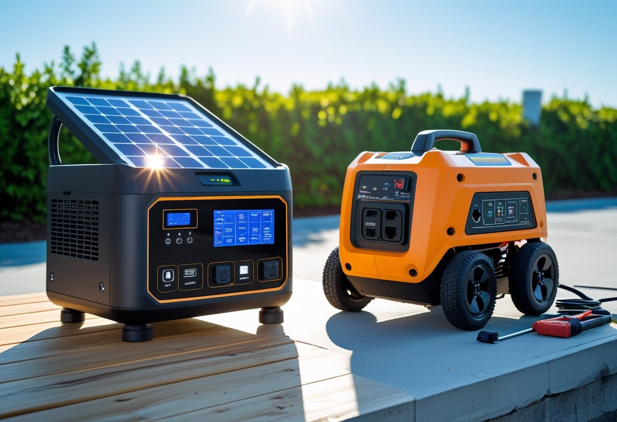 A solar generator and a gas generator placed side by side outdoors, showing their design and features for comparison.