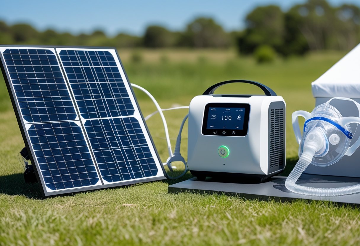 A portable solar generator connected to a CPAP machine outdoors on a sunny day with solar panels and green grass in the background.