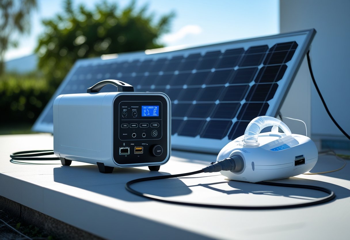 A solar generator outdoors powering a CPAP machine with solar panels under a clear sky.
