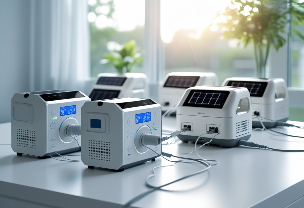 A variety of solar generators connected to CPAP machines on a white surface with sunlight coming through a window in the background.
