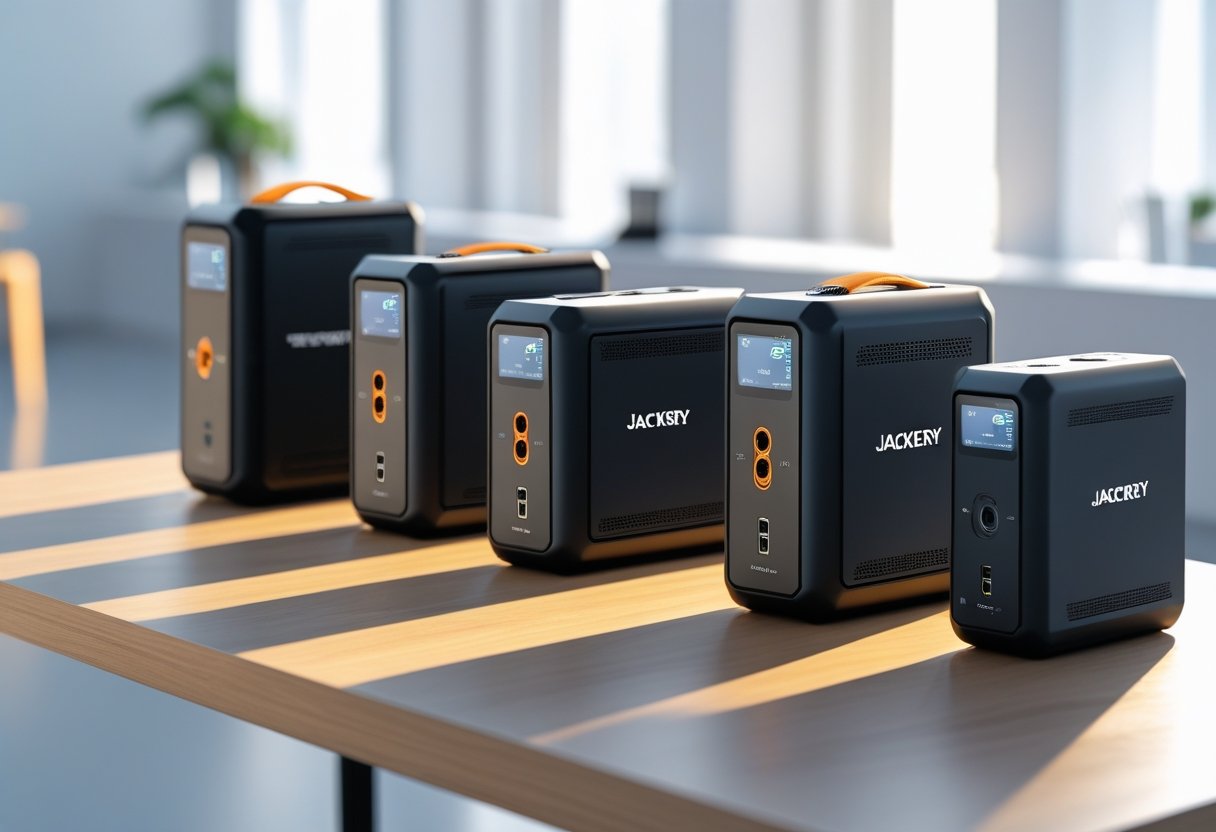 Several portable power stations of different sizes arranged on a wooden table in a bright indoor setting.