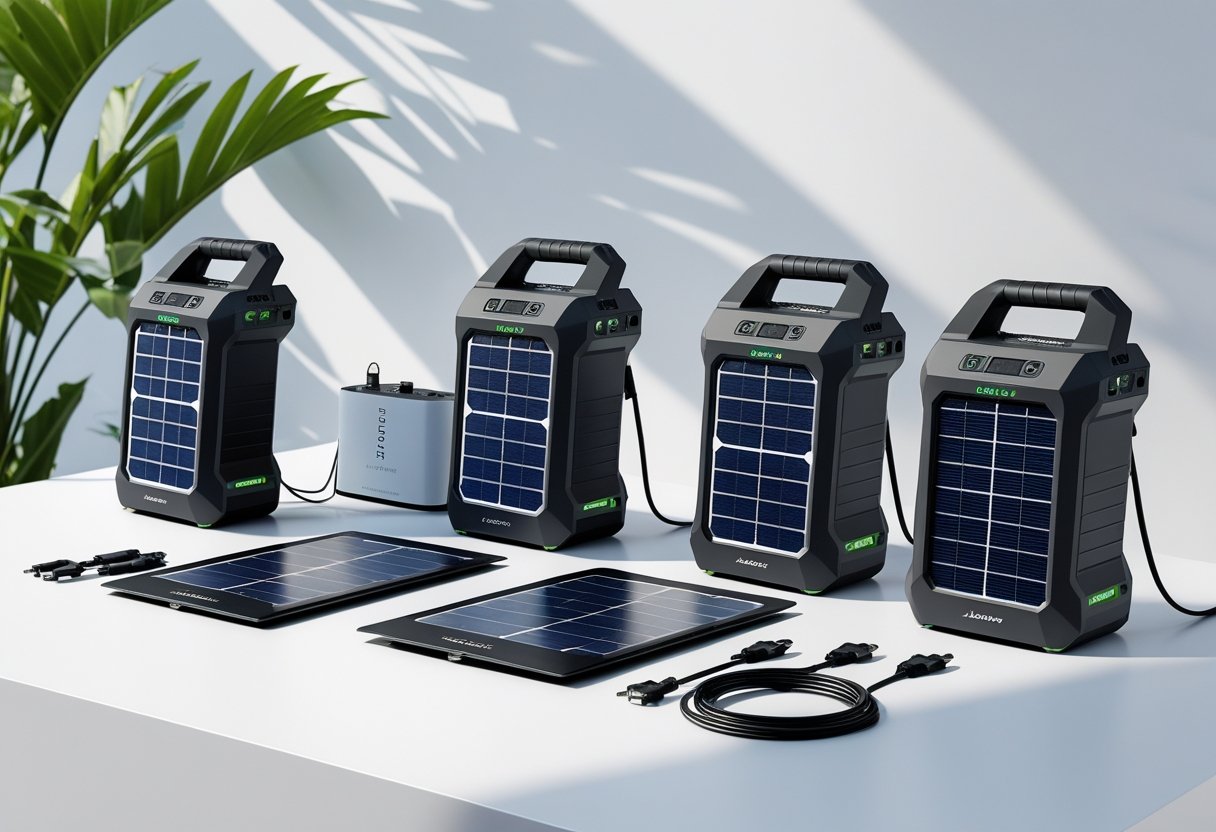 Several portable solar power stations and compatible solar panels and accessories arranged on a clean surface for comparison.