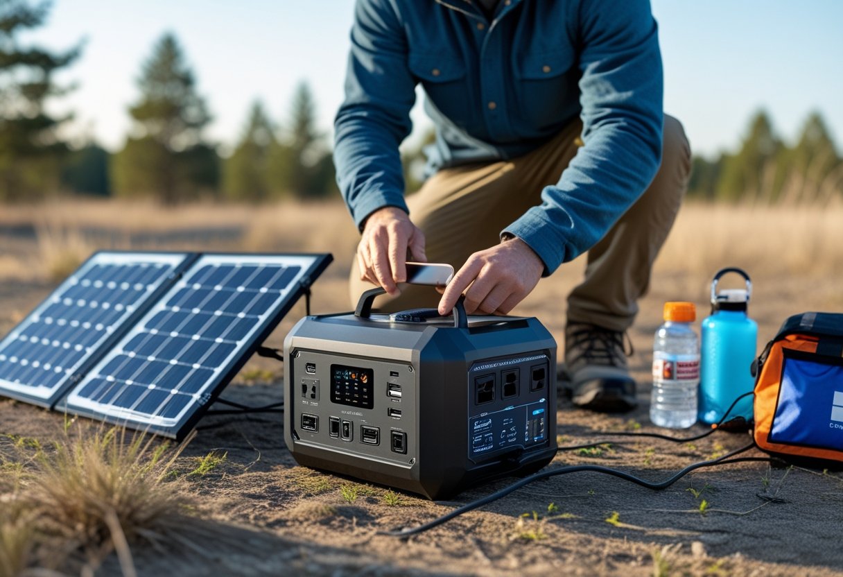 Person outdoors using a solar generator with solar panels unfolded, connecting a device during an emergency situation.
