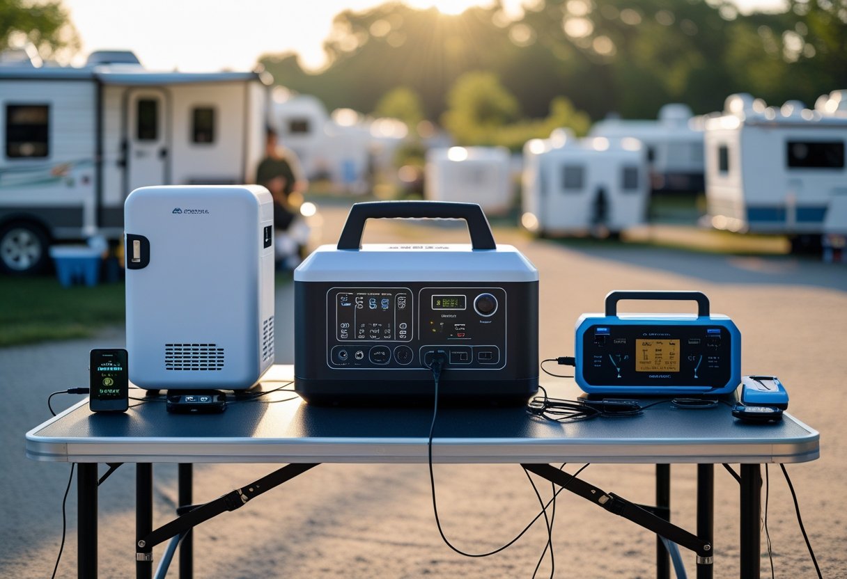 A portable solar generator powering emergency devices like a small refrigerator, medical device, radio, smartphone, and LED lights outdoors during daytime.