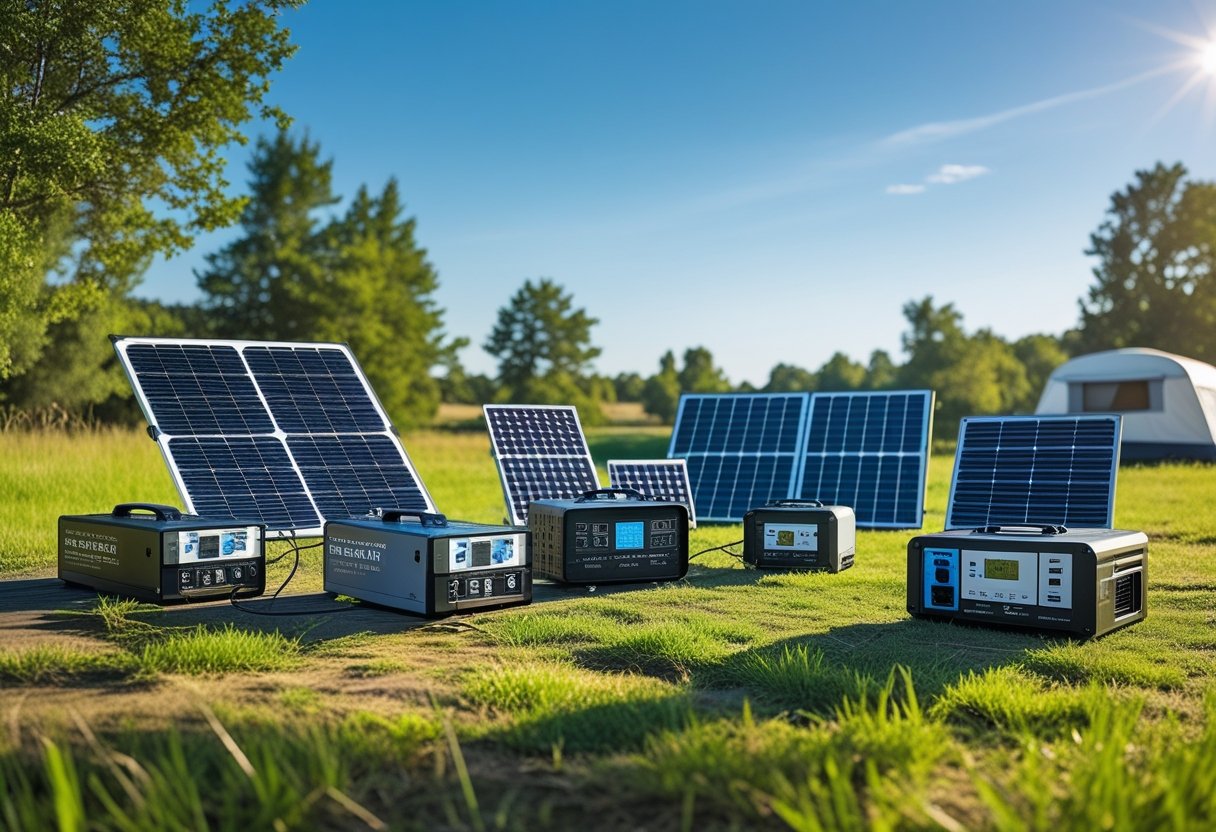 Several portable solar generators with solar panels set up outdoors near a tent in a grassy area under a clear sky.