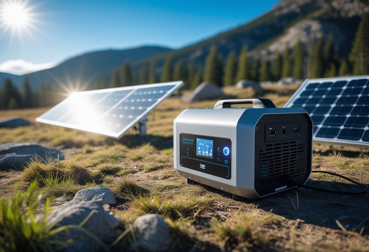 A solar generator and portable solar panels set up outdoors in a natural off-grid environment with trees and mountains in the background.