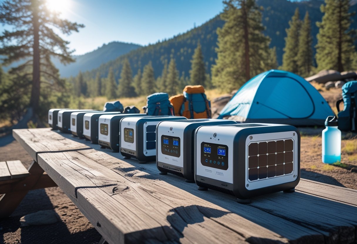 Several portable solar generators displayed outdoors on a wooden surface with camping gear and a natural landscape in the background.
