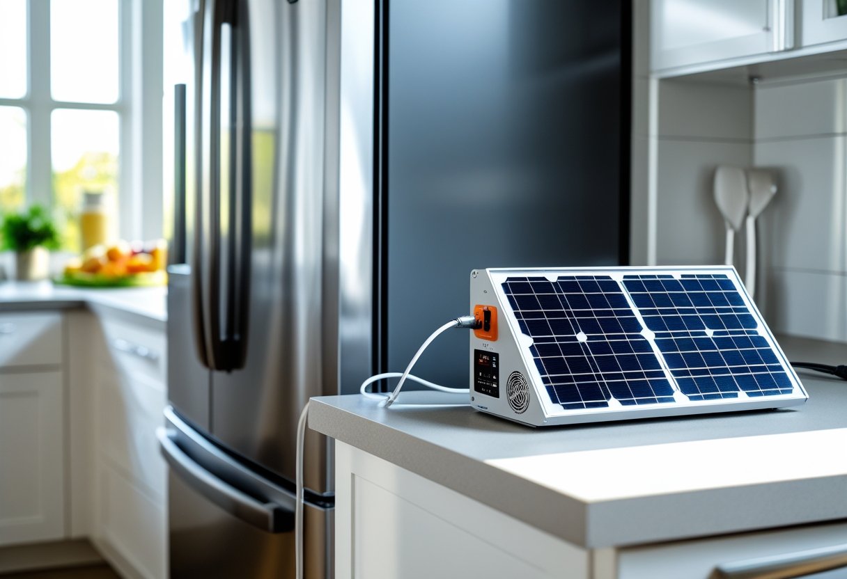 A modern kitchen with a stainless steel refrigerator powered by a compact solar generator connected by a cable.
