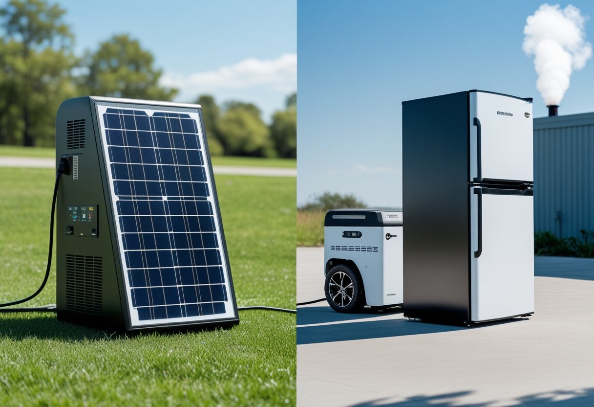 Side-by-side view of a solar generator and a gas generator each powering a refrigerator outdoors.