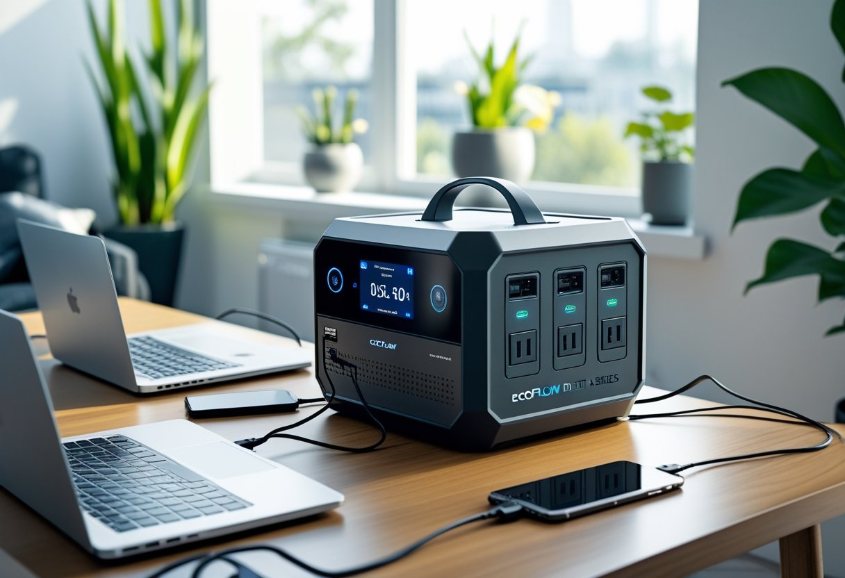 EcoFlow Delta Series portable power station on a wooden table powering electronic devices in a bright modern home.
