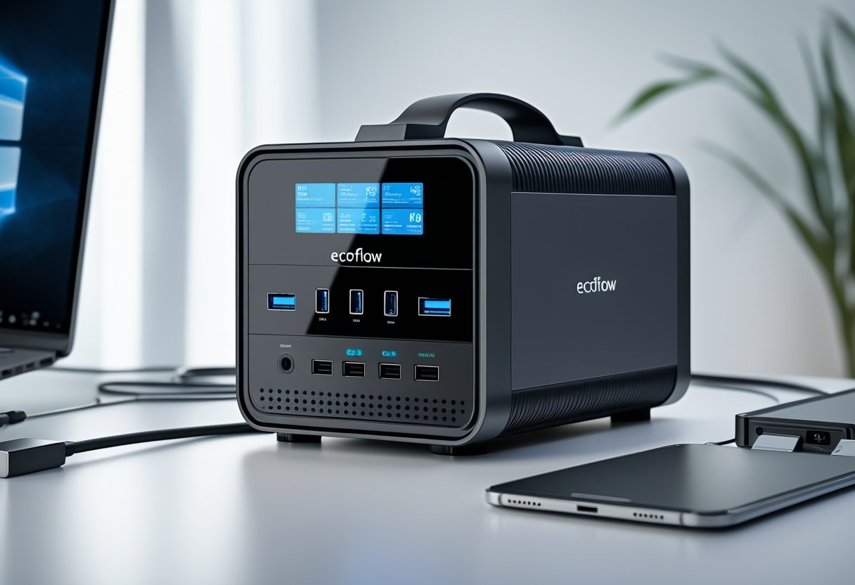 A portable power station on a desk with a laptop and charging cables in the background.